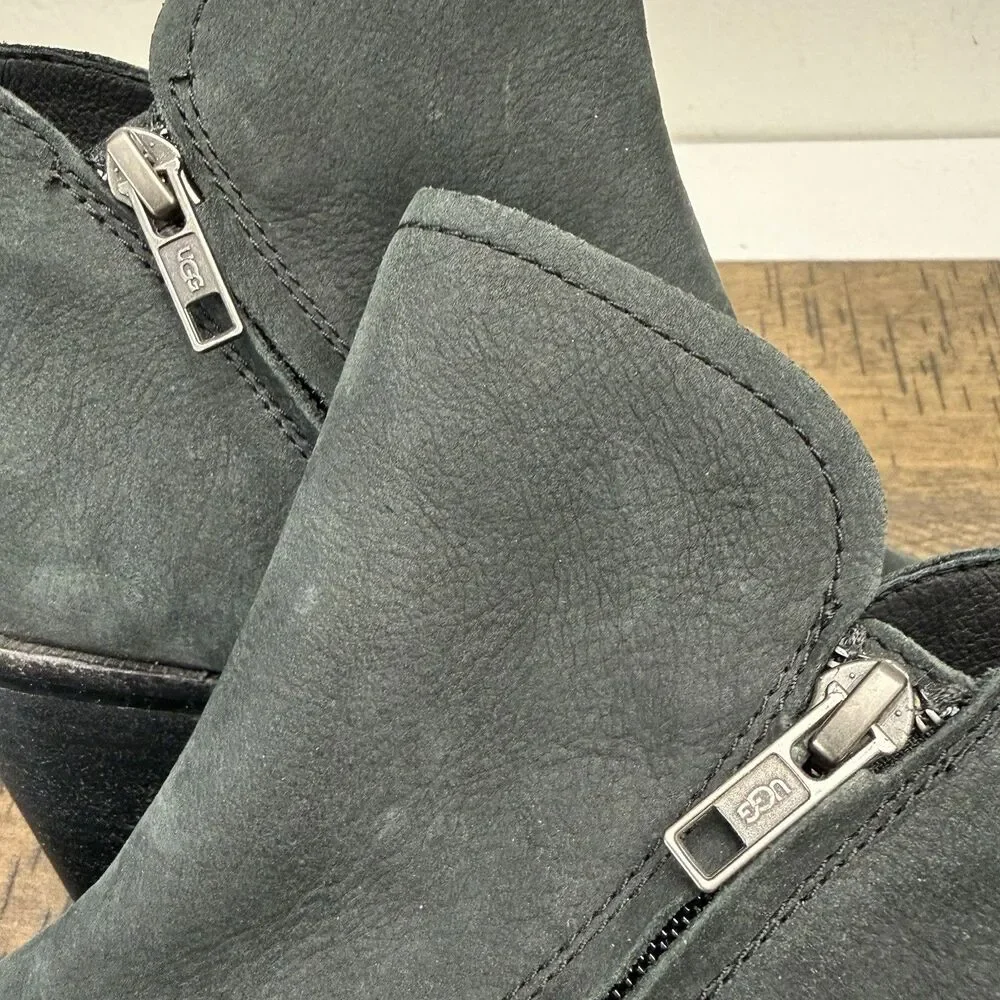 UGG Women Pixley Boot Size 8.5 Gray Nubuck Leather Block Heels Y2K Academia Boho